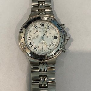 Movado quartz link band watch with crystal face